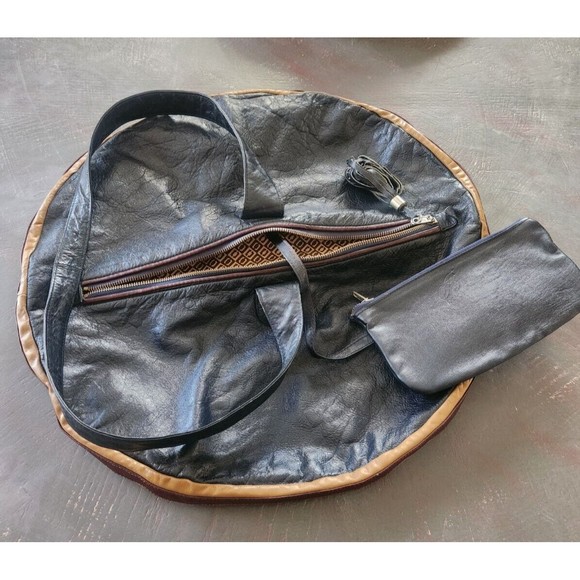 VINTAGE RARE 1970S B BARON BLUE Genuine Leather Handbag Women ROUND HIPPY BLUE - Picture 5 of 16
